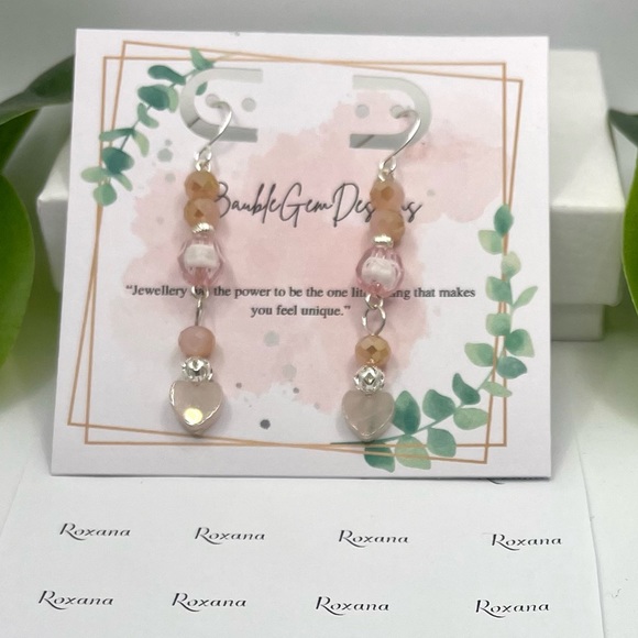 Unique Dainty Dangle Earrings - Rose Quartz Hearts, Crystal beads - Picture 7 of 7